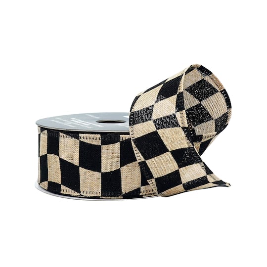 1.5" x 10yd. Wavy Black Check Wired Faux Linen Ribbon by Celebrate It®